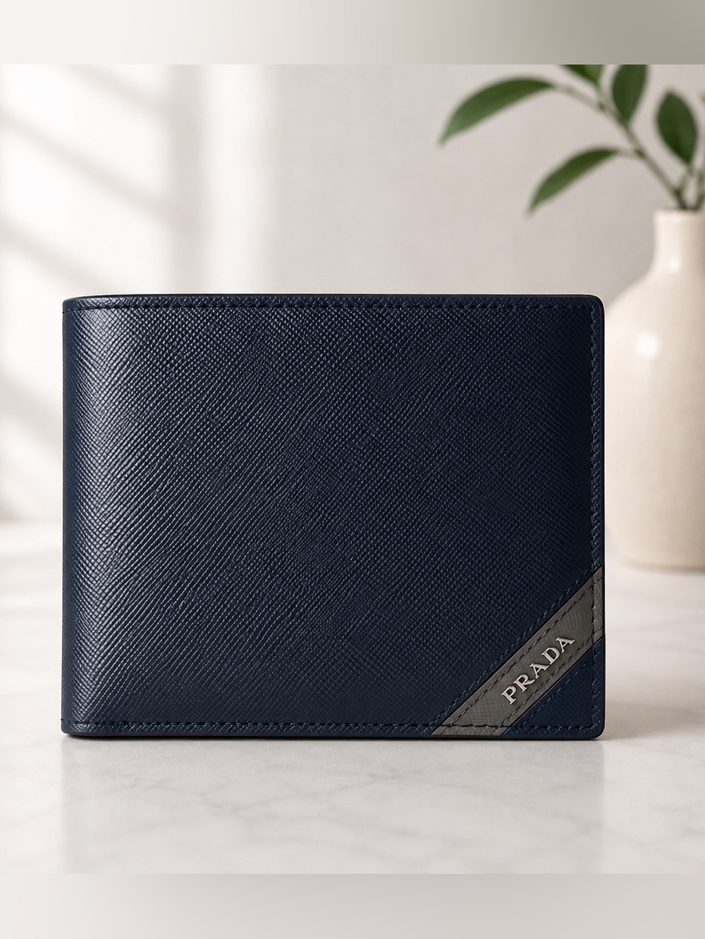Prada Navy Leather Bi-Fold Wallet with Gray Accent